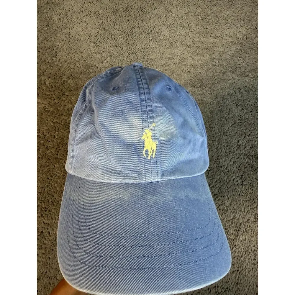 Vintage Polo Ralph Lauren Hat Mens One Size Blue Yellow Pony Leather Strap Faded